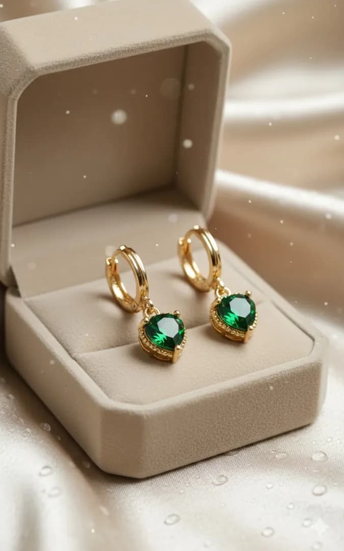 Aretes Ruya Corazón Esmeralda Baño de Oro - Imagen 1