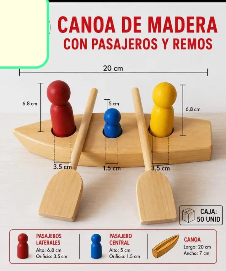 Canoa de Madera con Pasajeros y Remos - Juguete Educativo - Imagen 1